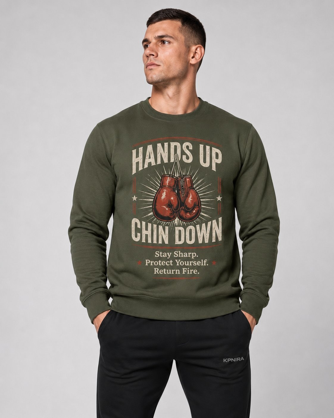 Hands Up Chin Down Men's Sweatshirt-Military Green-2